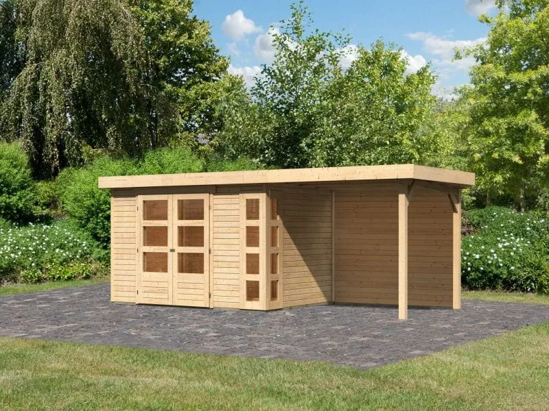 Karibu Gartenhaus Kerko 4 natur mit Anbaudach 2,40 m, Rückwand