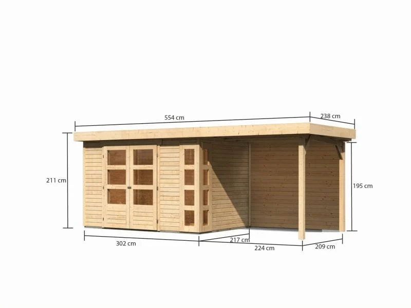 Karibu Gartenhaus Kerko 4 natur mit Anbaudach 2,40 m, Rückwand