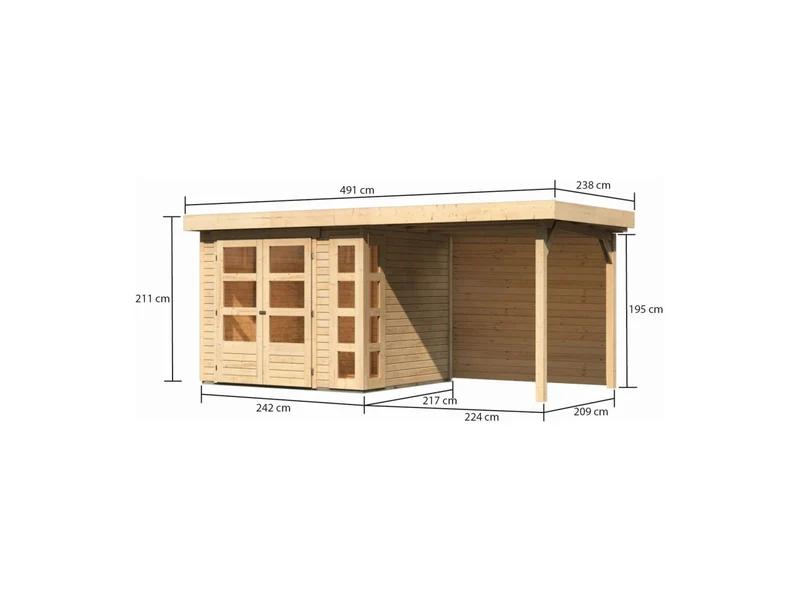 Karibu Gartenhaus Kerko 3 natur mit 2,40 m Anbaudach, Rückwand