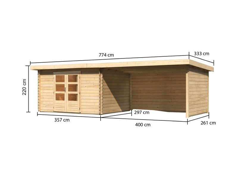 Karibu Gartenhaus Bastrup 7 mit Anbaudach 4 Meter inkl. Rück- und Seitenwand