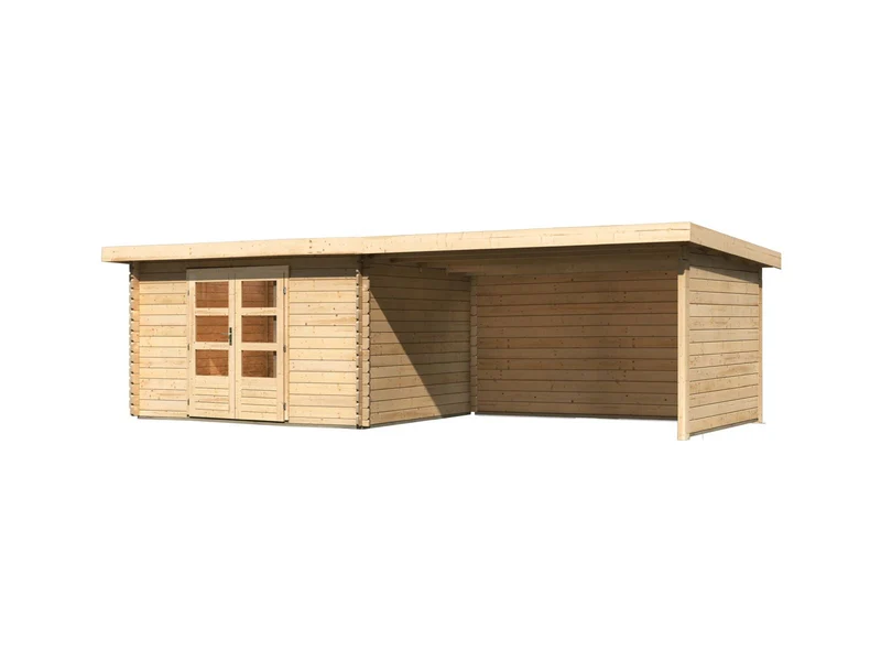 Karibu Gartenhaus Bastrup 7 mit Anbaudach 4 Meter inkl. Rück- und Seitenwand