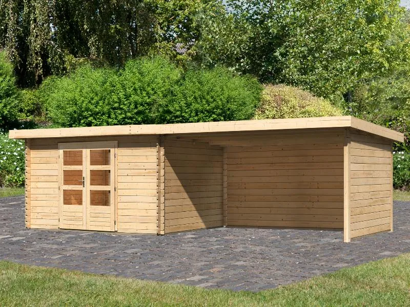 Karibu Gartenhaus Bastrup 7 mit Anbaudach 4 Meter inkl. Rück- und Seitenwand