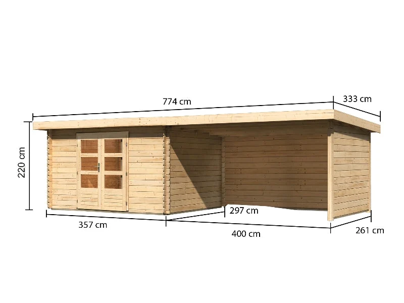 Karibu Gartenhaus Bastrup 7 mit Anbaudach 4 Meter inkl. Rück- und Seitenwand
