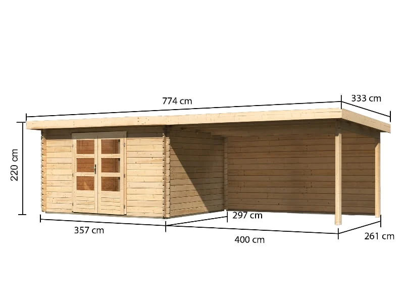 Karibu Gartenhaus Bastrup 7 mit Anbaudach 4 Meter inkl. Rückwand