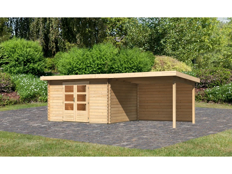 Karibu Gartenhaus Bastrup 7 mit Anbaudach 3 Meter inkl. Rückwand natur