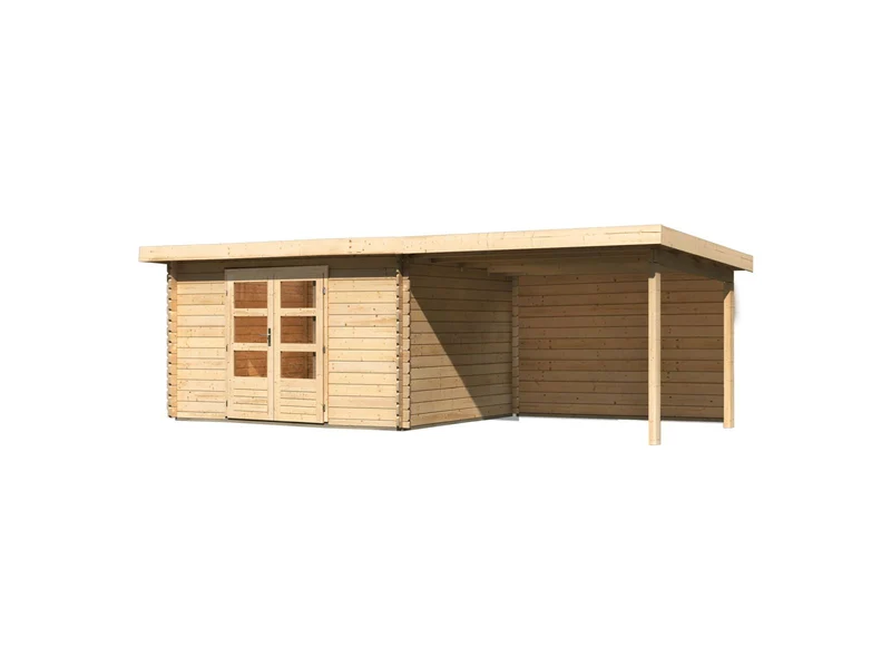 Karibu Gartenhaus Bastrup 7 mit Anbaudach 3 Meter inkl. Rückwand natur