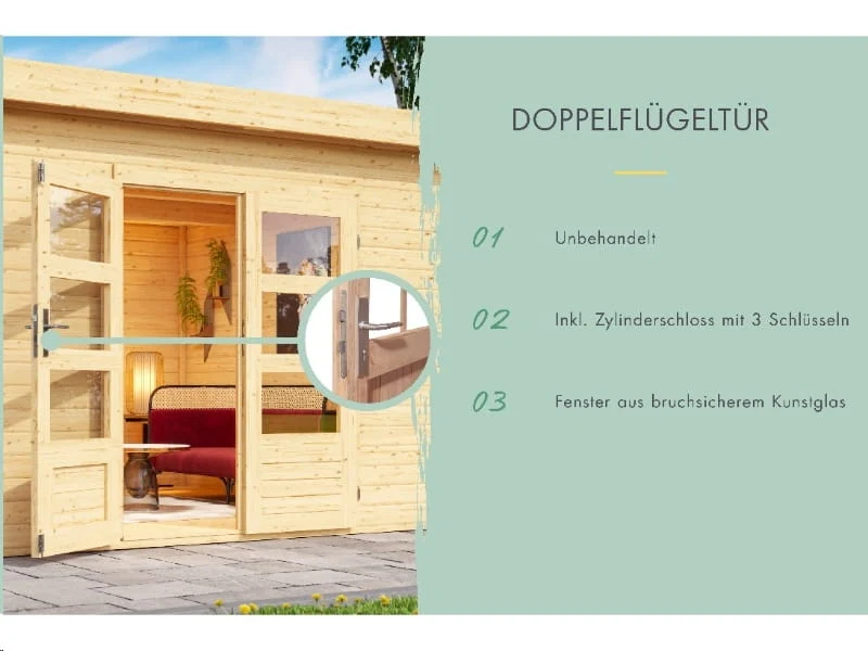 Karibu Gartenhaus Bastrup 7 mit Anbaudach 3 Meter inkl. Rückwand natur