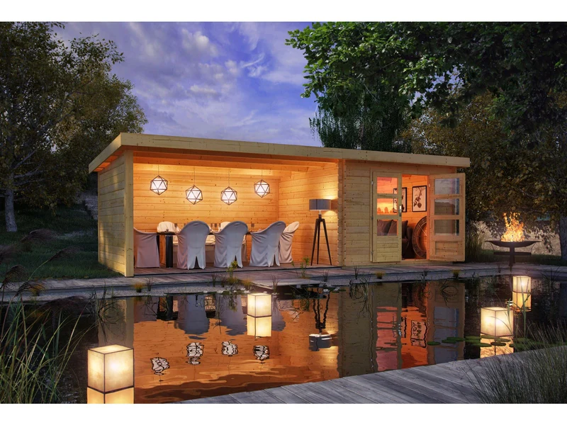 Karibu Gartenhaus Bastrup 5 mit Anbaudach 4 Meter inkl. Rück- und Seitenwand