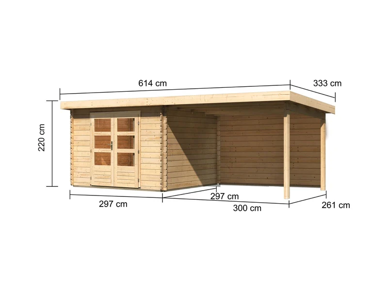 Karibu Gartenhaus Bastrup 5 mit Anbaudach 3 Meter inkl. Rückwand