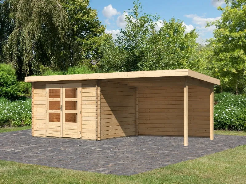 Karibu Gartenhaus Bastrup 5 mit Anbaudach 3 Meter inkl. Rückwand