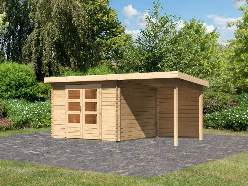 Karibu Gartenhaus Bastrup 5 mit Anbaudach 2 Meter inkl. Rückwand