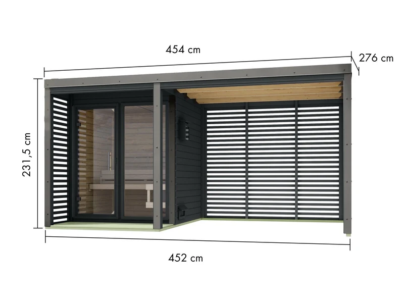 Karibu Hybrid Saunahaus Ares 1, mit Anbaudach in anthrazit/graualuminium, inkl. 9 kW Bioofen ext. Steuerung easy