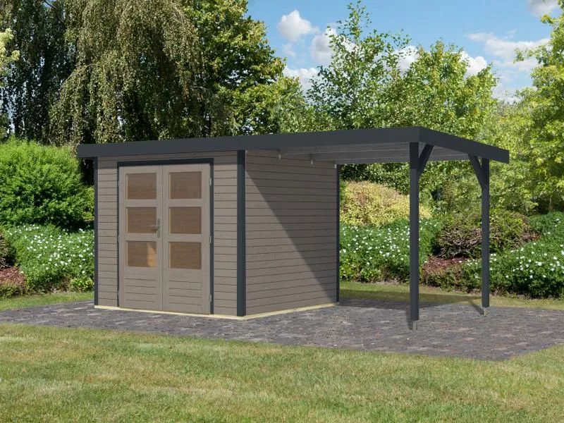 Karibu Hybrid Gartenhaus Jupiter 3 D wassergrau/anthrazit inkl. 2,35 m Anbaudach