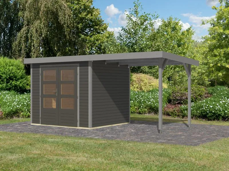 Karibu Hybrid Gartenhaus Jupiter 3 B terragrau/graualuminium inkl. 2,35 m Anbaudach