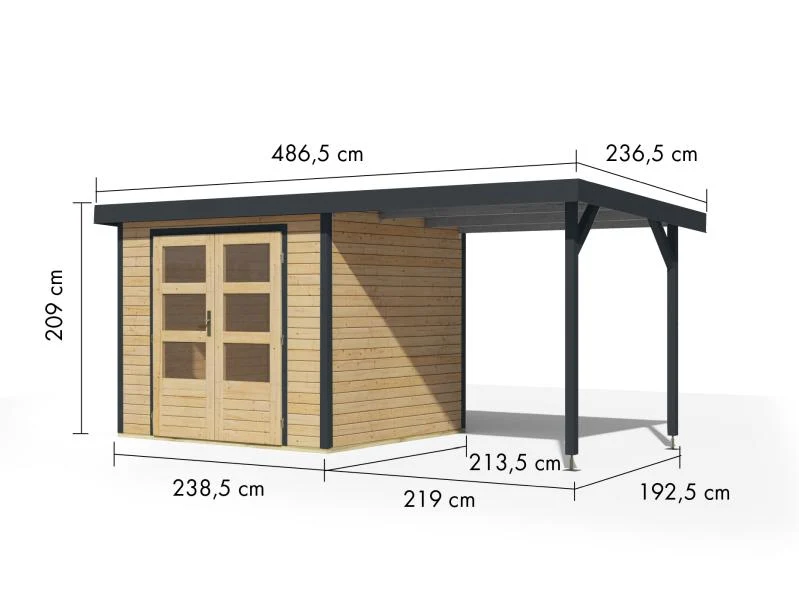 Karibu Hybrid Gartenhaus Jupiter 3 A naturbelassen/anthrazit inkl. 2,35 m Anbaudach