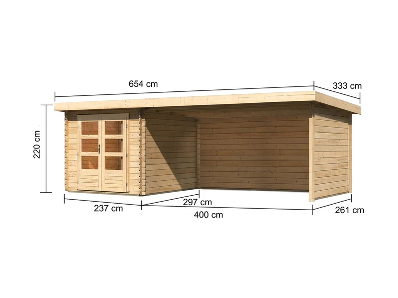 Karibu Gartenhaus Bastrup 4 mit Anbaudach 4 Meter inkl. Rück- und Seitenwand
