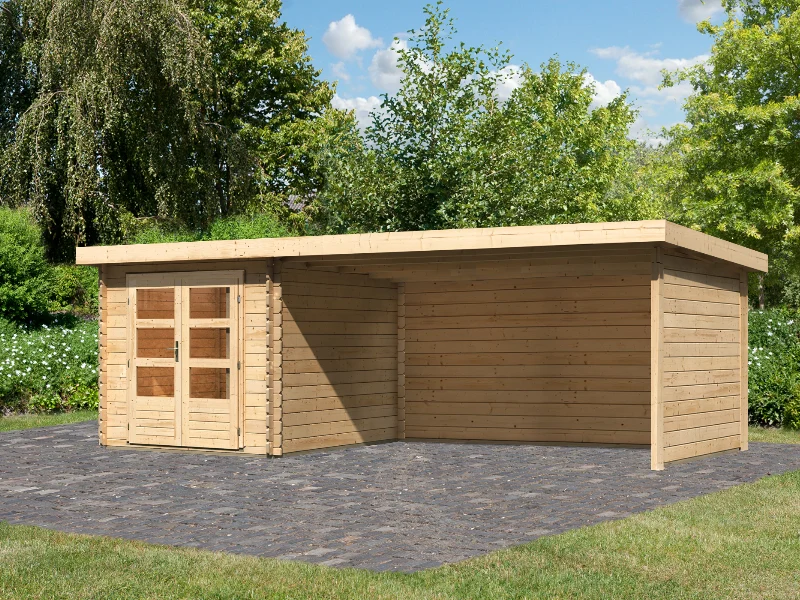 Karibu Gartenhaus Bastrup 4 mit Anbaudach 4 Meter inkl. Rück- und Seitenwand