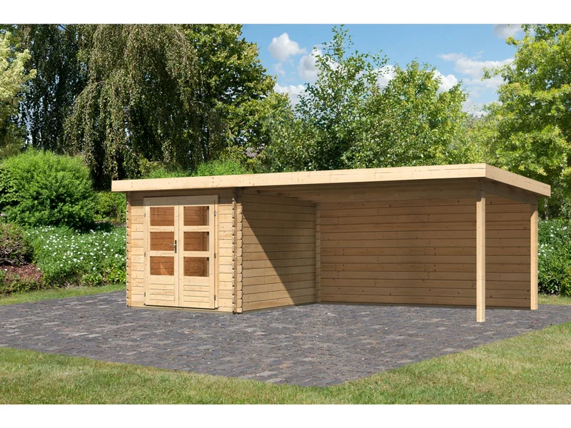 Karibu Gartenhaus Bastrup 4 mit Anbaudach 4 Meter inkl. Rückwand