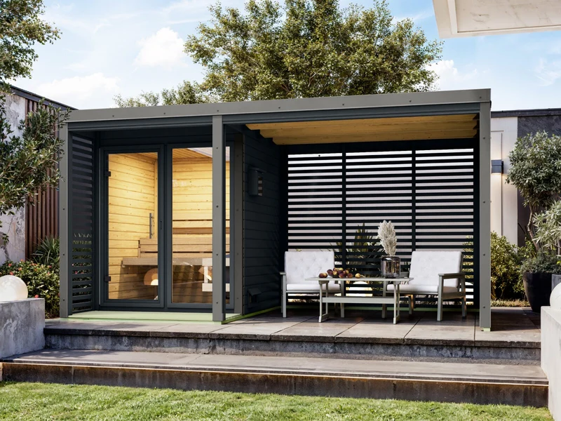 Karibu Hybrid Saunahaus Ares 1, inkl. Anbaudach in anthrazit/graualuminium -ohne Ofen-