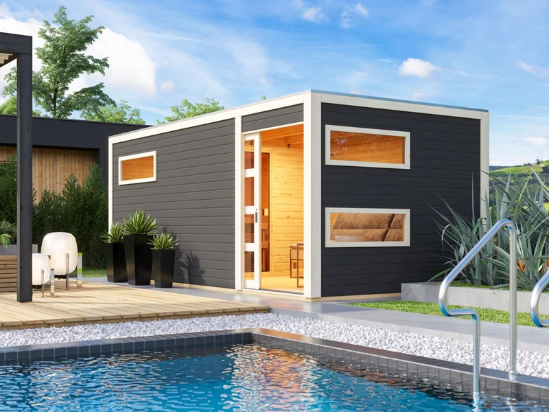 Karibu Saunahaus Hygge 38 mm- terragrau, inkl. 9 kW Bioofen ext. Steuerung Wifi HUUM