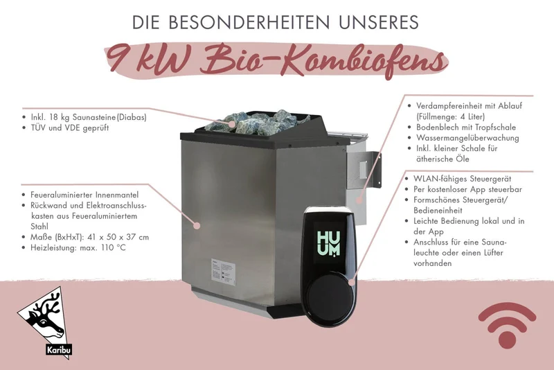 Karibu Saunahaus Hygge 38 mm- terragrau, inkl. 9 kW Bioofen ext. Steuerung Wifi HUUM