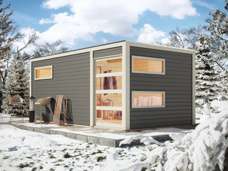 Karibu Saunahaus Hygge 38 mm- terragrau- inkl. 9 kW Ofen ext. Steuerung Wifi HUUM