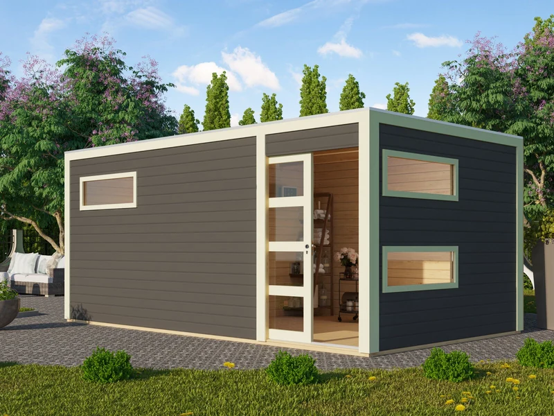 Karibu Saunahaus Hygge 38 mm- terragrau- inkl. 9 kW Ofen ext. Steuerung Wifi HUUM