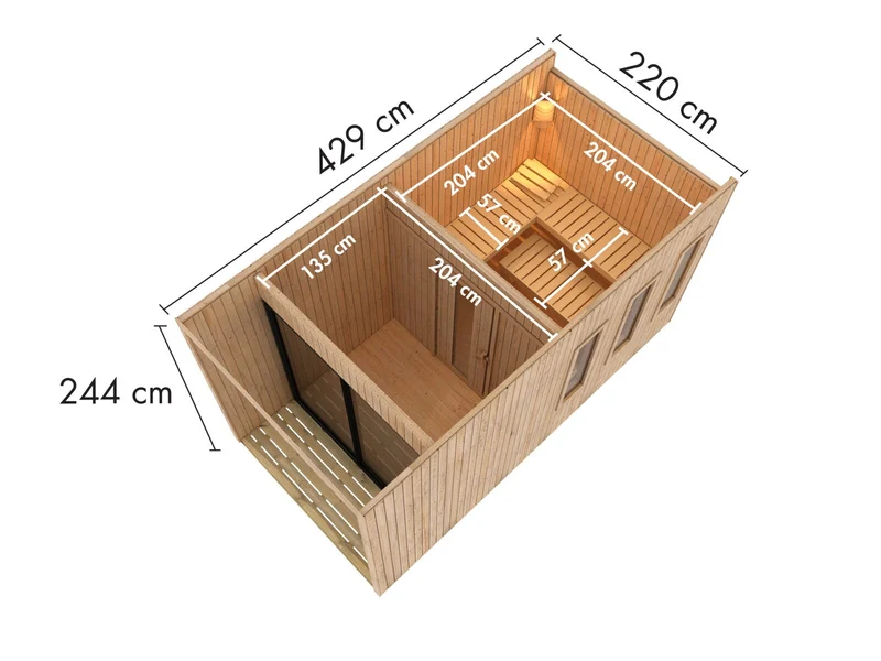 Karibu Saunahaus Miramar natur, inkl. 9 kW Ofen ext. Steuerung Wifi HUUM, inkl. Vorraum, 73 mm