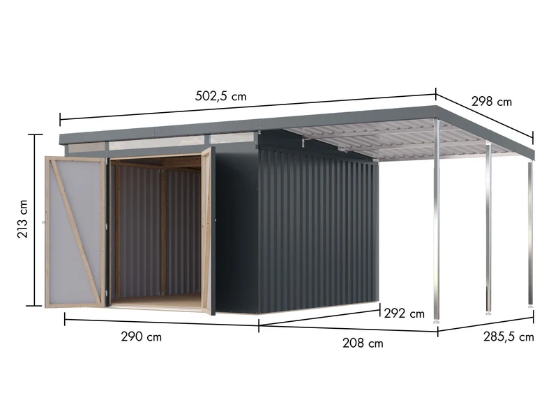 Karibu Metallgerätehaus Iridium 3,5 in Anthrazit, inkl. Anbaudach 2m