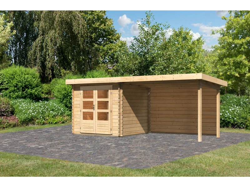 Karibu Gartenhaus Bastrup 2 mit Anbaudach 3 Meter inkl. Rückwand natur