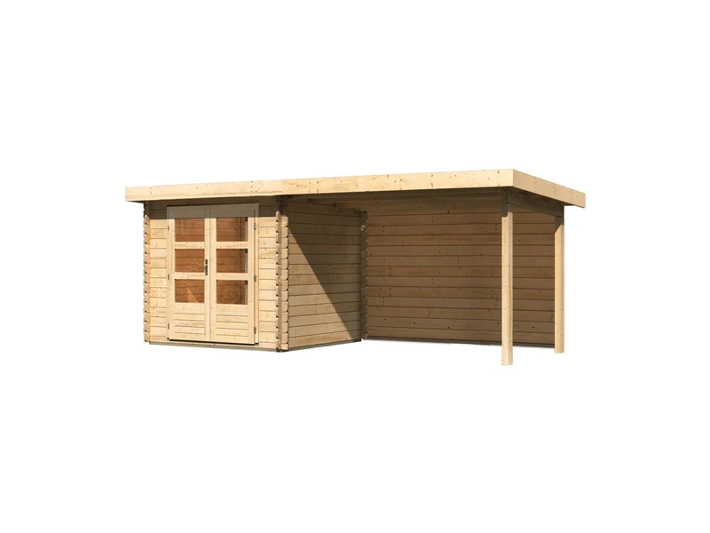 Karibu Gartenhaus Bastrup 2 mit Anbaudach 3 Meter inkl. Rückwand natur