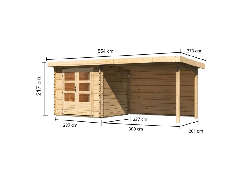 Karibu Gartenhaus Bastrup 2 mit Anbaudach 3 Meter inkl. Rückwand natur