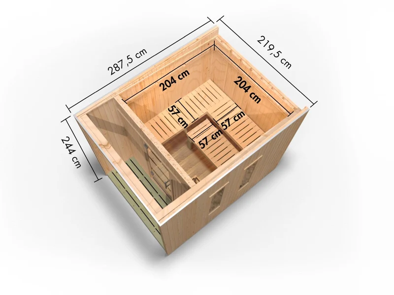 Karibu Saunahaus Laguna natur, 73 mm - inkl. 9 kW Ofen ext. Steuerung Wifi HUUM