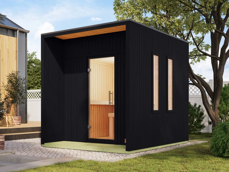 Karibu Saunahaus Laguna schwarz, 73 mm - inkl. 9 kW Ofen ext. Steuerung Wifi HUUM