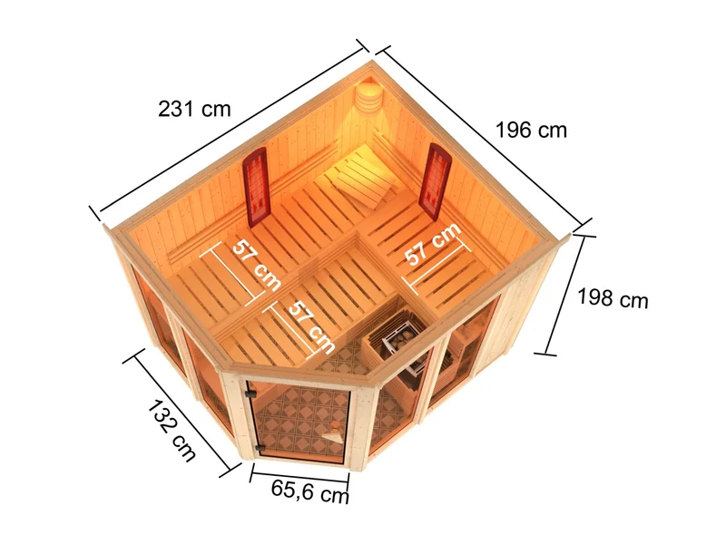 Karibu Multifunktions-Sauna Ava, inkl. 9 kW Ofen, ext. Steuerung Wifi HUUM und Infrarotstrahler
