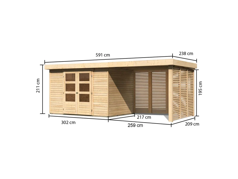 Karibu Gartenhaus Askola 4 mit Anbaudach 2,8 m, Lamellenwände