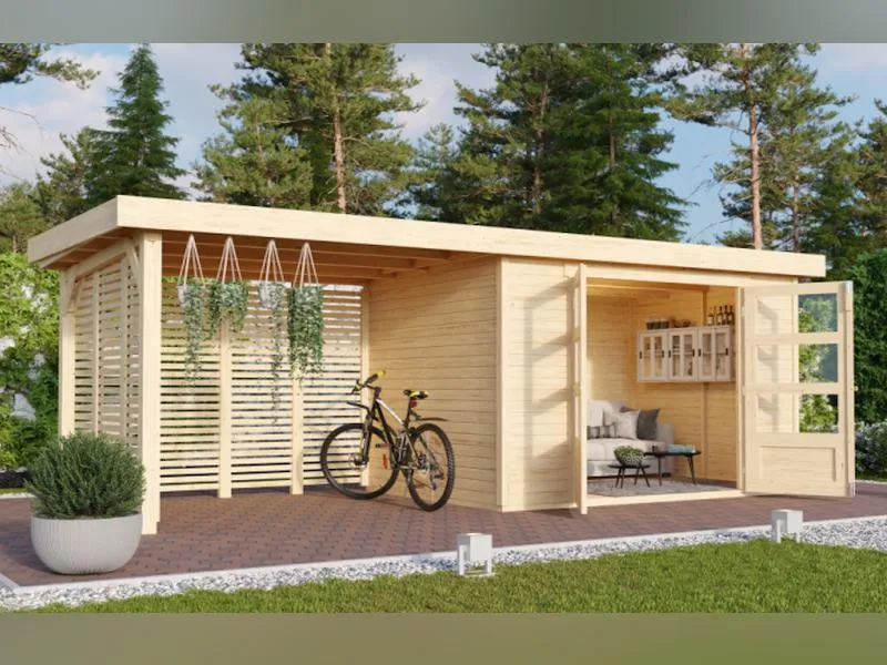 Karibu Gartenhaus Askola 4 mit Anbaudach 2,8 m, Lamellenwände