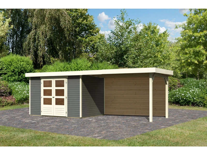 Karibu Gartenhaus Askola 4 mit Anbaudach 2,8 m mit Rückwand, terragrau