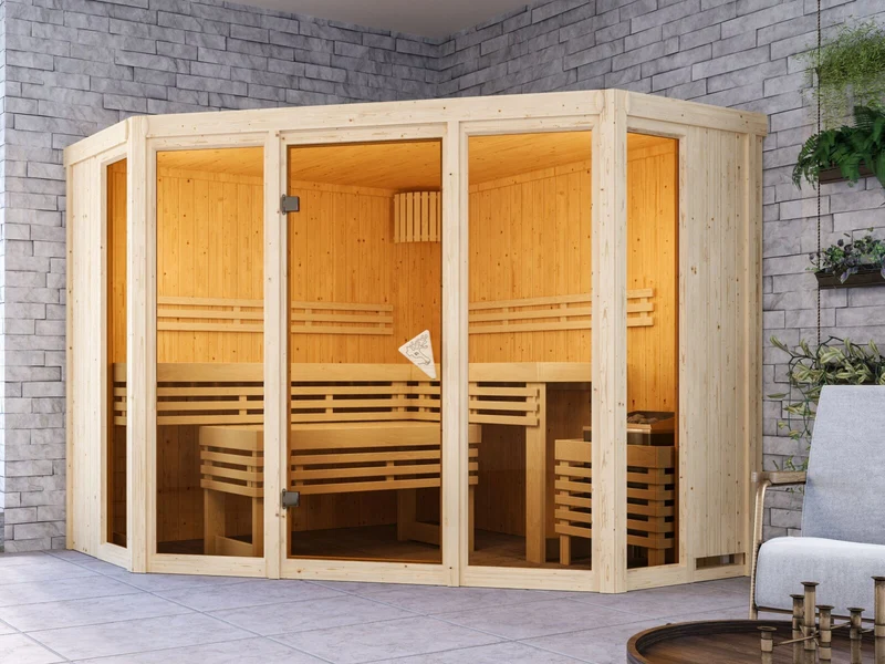 Karibu Sauna Alcinda 2, 68 mm, inkl. 9 kW Ofen ext. Steuerung Wifi HUUM - ohne Dachkranz -