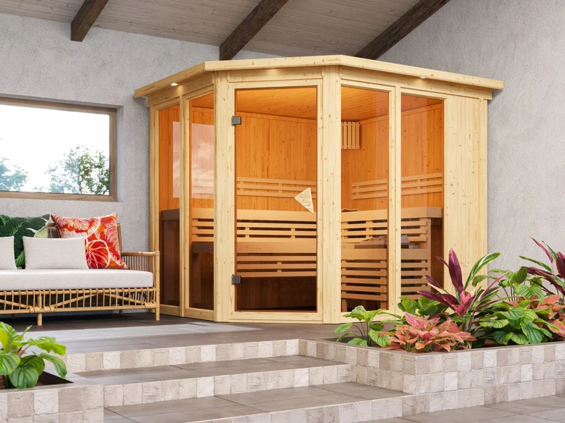Karibu Sauna Ainur 3, 68 mm, inkl. 9 kW Bioofen ext. Steuerung Wifi HUUM - mit Dachkranz -