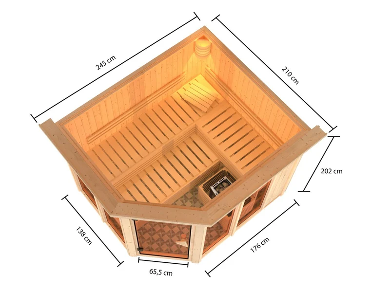 Karibu Sauna Ainur 3, 68 mm, inkl. 9 kW Bioofen ext. Steuerung Wifi HUUM - mit Dachkranz -