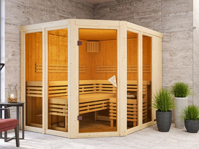 Karibu Sauna Ainur 3, 68 mm, inkl. 9 kW Bioofen ext. Steuerung Wifi HUUM - ohne Dachkranz -