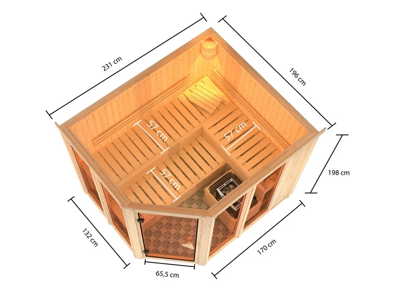 Karibu Sauna Ainur 3, 68 mm, inkl. 9 kW Ofen ext. Steuerung Wifi HUUM - ohne Dachkranz -