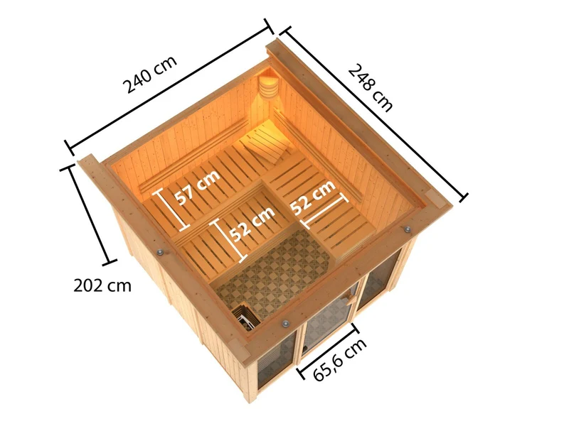 Karibu Sauna Askja 68 mm, inkl. 9 kW Bioofen ext. Seuerung Wifi HUUM - mit Dachkranz -