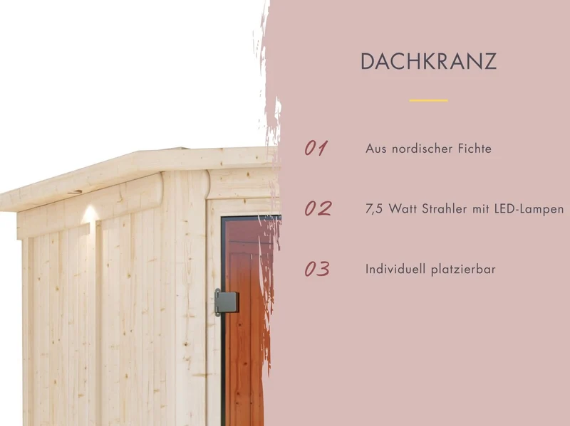 Karibu Sauna Askja 68 mm, inkl. 9 kW Bioofen ext. Seuerung Wifi HUUM - mit Dachkranz -