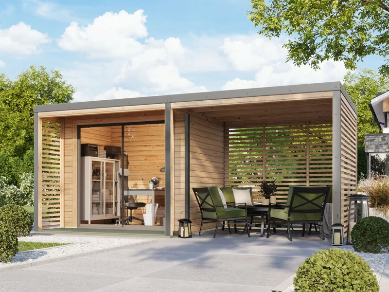 Karibu Hybrid Gartenhaus Saturn A, naturbelassen/graualuminium, 38 mm, inkl. Fußboden und Anbaudach 3m