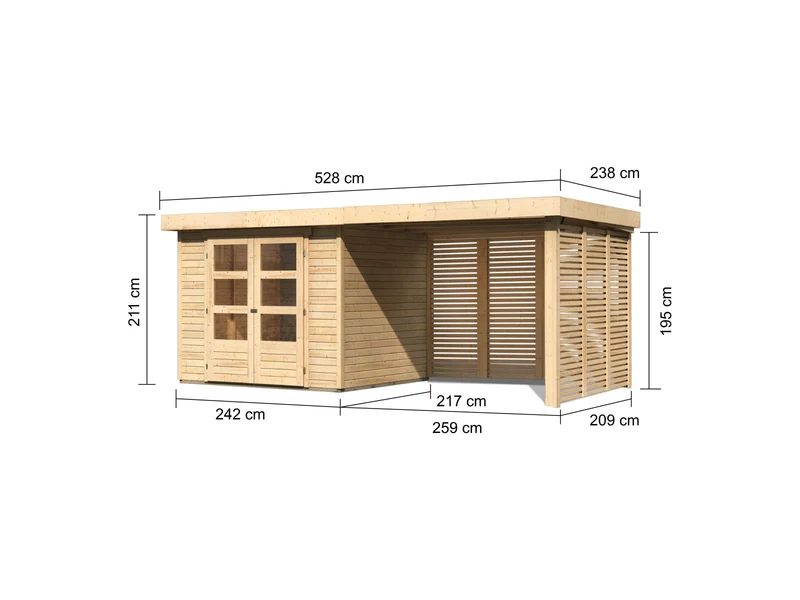 Karibu Gartenhaus Askola 3 mit Anbaudach 2,80 m, Seiten- und Rückwand in Lamellenoptik