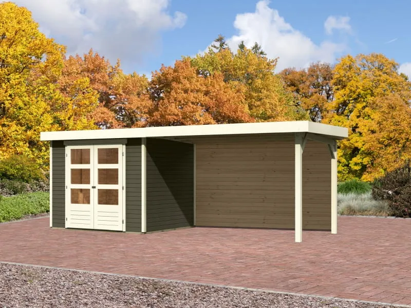 Karibu Gartenhaus Askola 3 mit Anbaudach 2,80 m, Rückwand in terragrau