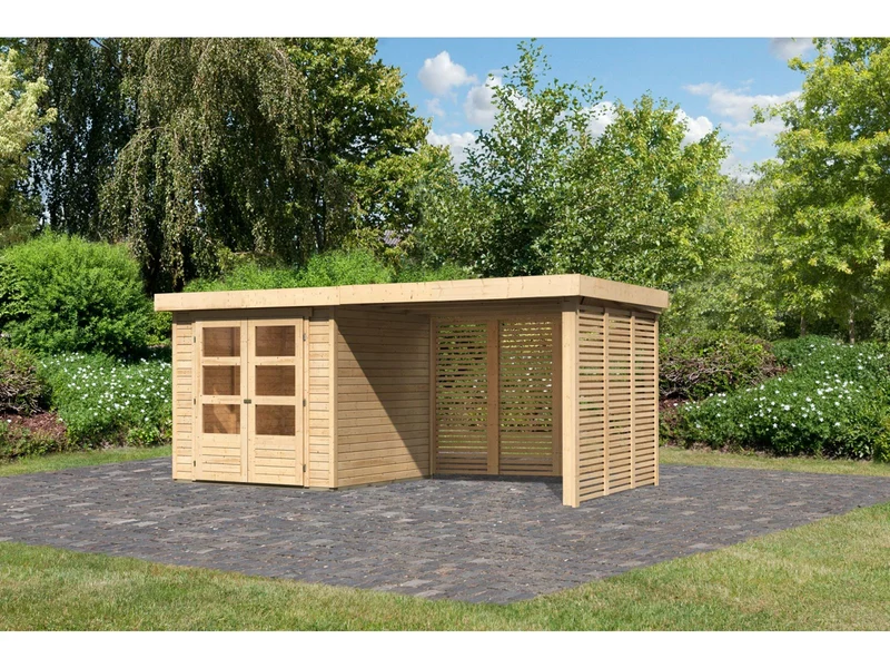 Karibu Gartenhaus Askola 2 mit Anbaudach 2,8 m und Seiten- und Rückwand in Lamellenoptik