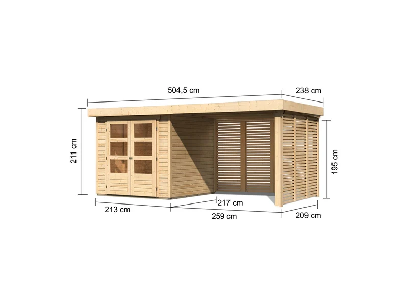 Karibu Gartenhaus Askola 2 mit Anbaudach 2,8 m und Seiten- und Rückwand in Lamellenoptik